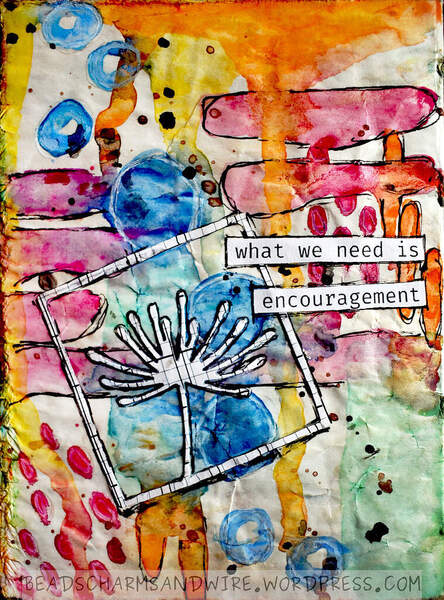 Colorful art journal page with watercolor lines, marks, drips, and splatters, with a framed paper flower and a quote in the foreground